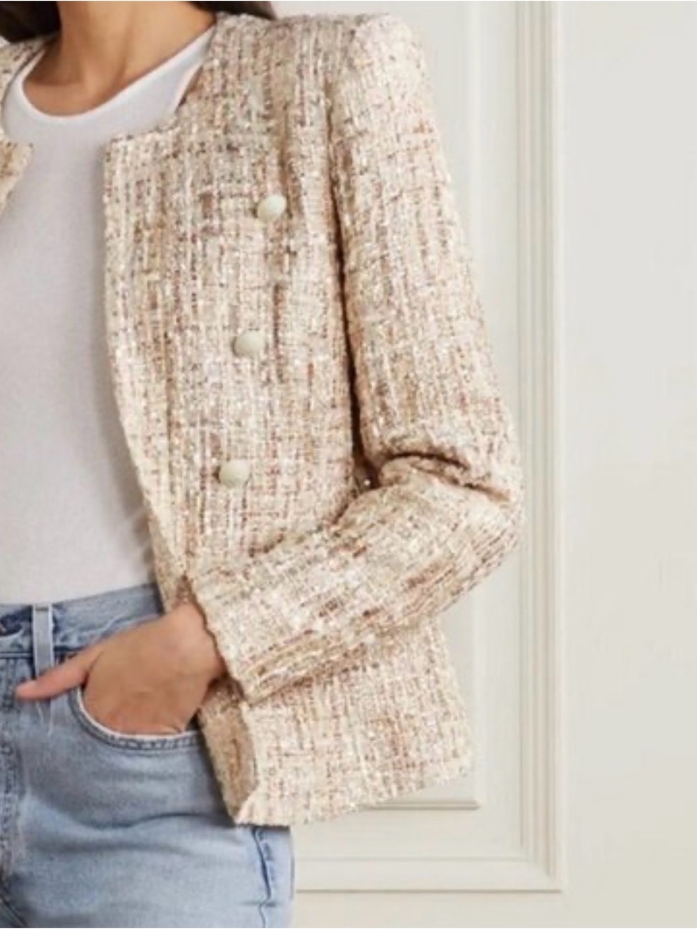 L'AGENCE Cream Tweed Button-Front Blazer